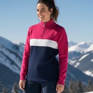 NEW Descente 1/4 Zip Wool Mock Neck Ski Sweater Fuchsia, Navy Women’s 14